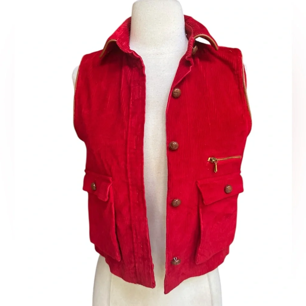 1970s Villager Red Corduroy w/Brown Trim Button‎ Down Vest